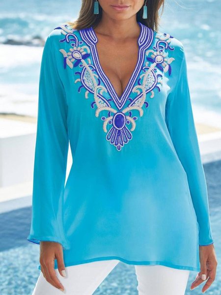 

Long Sleeve Casual V Neck Long sleeve tops, Blue, Tops