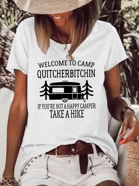 

Welcome to Camp Quitcherbitchin Casual Cotton Blends Short sleeve tops, White, T-shirts
