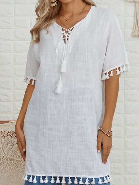 

Cotton Loosen Casual V Neck Solid Midi Short sleeve Woven Dress, White, Mini Dresses