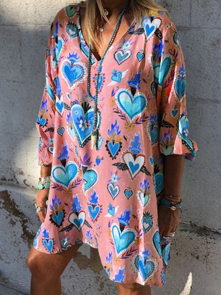 

Heart Printed Loosen Vacation V Neck Midi Dresses, Flower, Mini Dresses