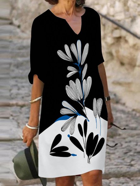 

Casual V Neck Floral Short sleeve Woven Dress, Black, Casual Dresses