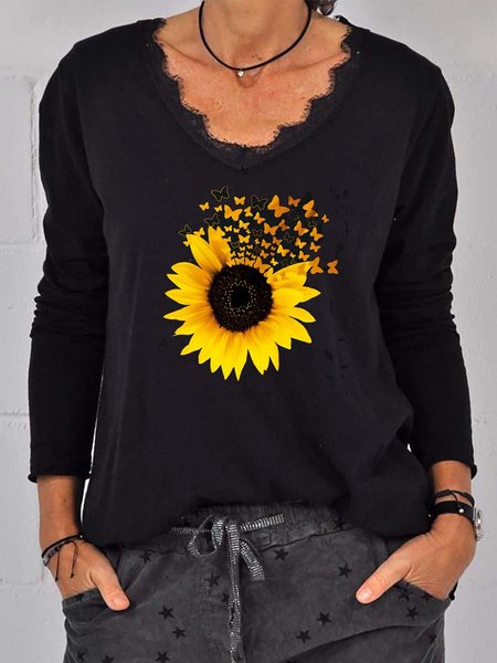 

V Neck Sunflower Long Sleeves Lace T-shirt Shirts & Tops, Black, T-Shirts