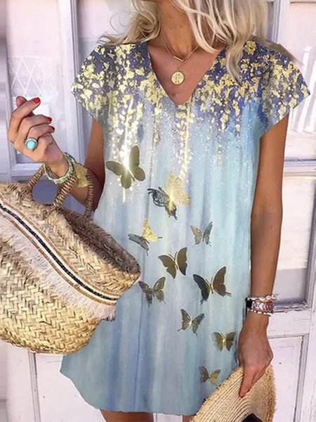 

Butterfly Ombre Glitter-Finished Printed Romantic Loosen Cotton Blends Tunic Short sleeve Knit Dress, As picture, Mini Dresses