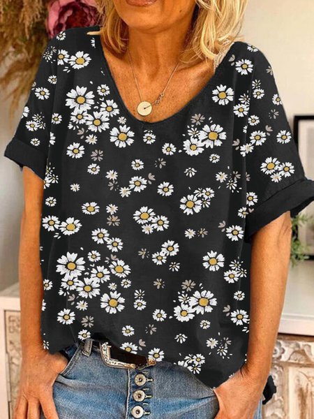 

Floral Casual Loosen Short Sleeve T-Shirt, Black, T-Shirts