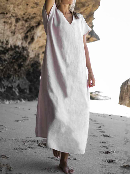 

Cotton Linen V-Neck Short Sleeve Midi Dress, Off white, Maxi Dresses