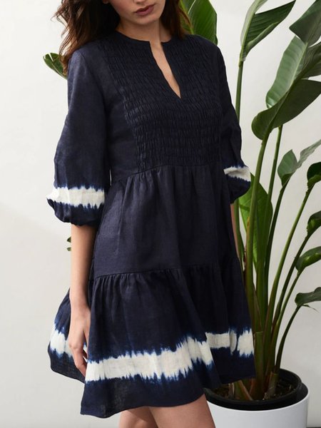 

Notched Regular Fit Vacation Short sleeve Woven Dress, Dark blue, Casual Dresses