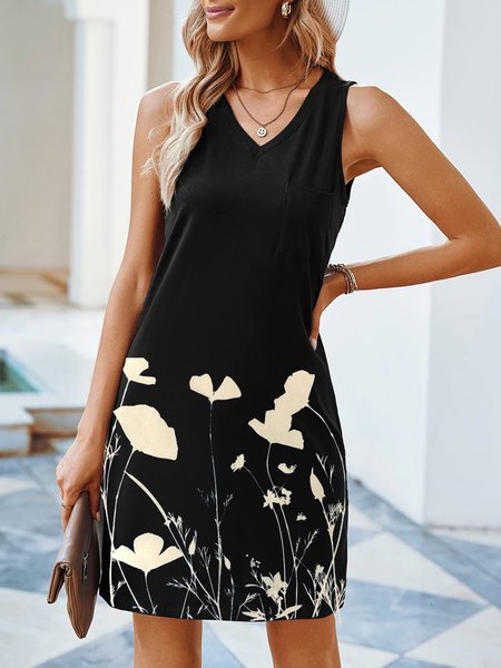 

V neck Casual Loosen Floral Short sleeve Knit Dress, Black, Mini Dresses