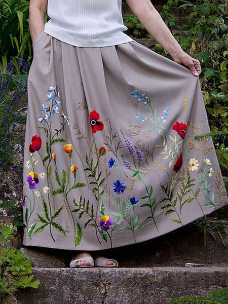 

Floral Vacation Loosen Maxi Long skirt, Light gray, Skirts