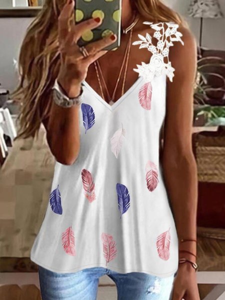 

Casual Feather Sleeveless V Neck Plus Size Printed Tank Tops Top Vests, White, Tank Top