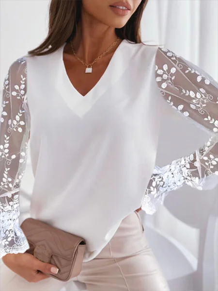 

Women Plain Solid Paneled Lace V Neck Long Sleeve Shirt, White, Long Sleeves