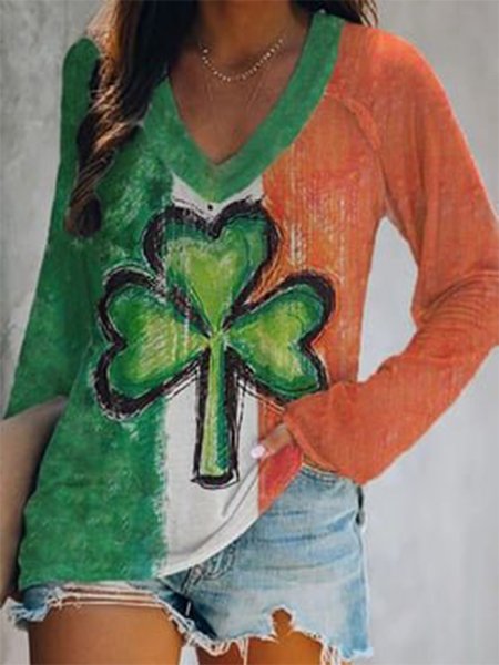 

St. Patrick's Day Color Block Shamrock Shirts & Tops, Multicolor, Long sleeve tops