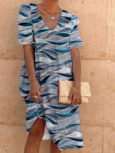 

V Neck Casual Loosen Short sleeve Woven Dress, Blue, Dresses