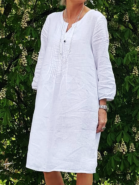 

Casual Pleated Long Sleeve Crew Neck Dress, White, Midi Dresses