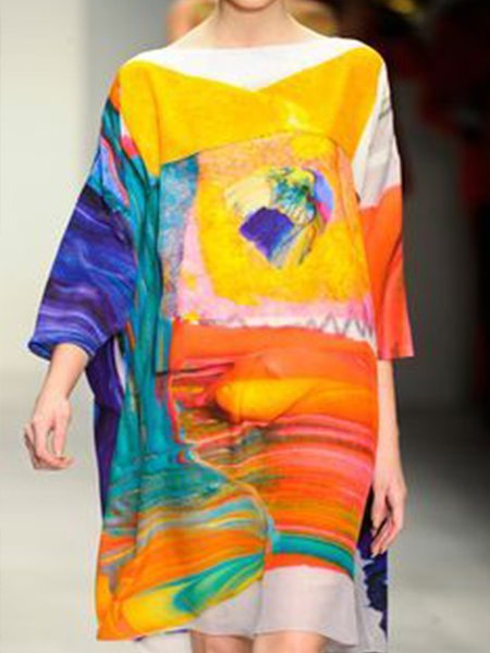 

Landscape Print Boat Neck Short sleeve Woven Dress, Multicolor, Dresses