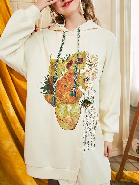 

Floral Hooded Loosen Hoodie, Apricot, Sweatshirts & Hoodies