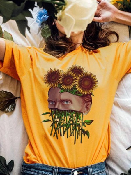 

vintage Crew Neck floral Regular Fit Casual Short Sleeve T-shirt, Yellow, T-Shirts