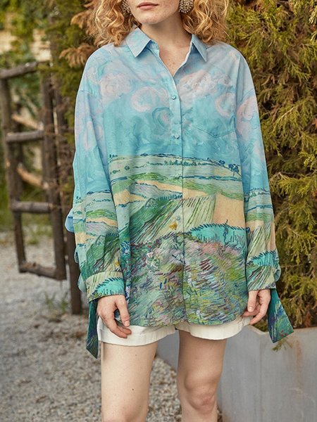 

Floral Shirt Collar Loosen Long Sleeve Blouse, Multicolor, Shirts & Blouses