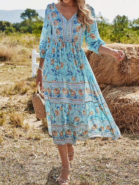 

Boho Vintage Floral Midi Dress, Blue, Midi Dresses