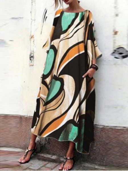 

Boat Neck Loosen Abstract Short sleeve Woven Dress, Multicolor, Casual Dresses