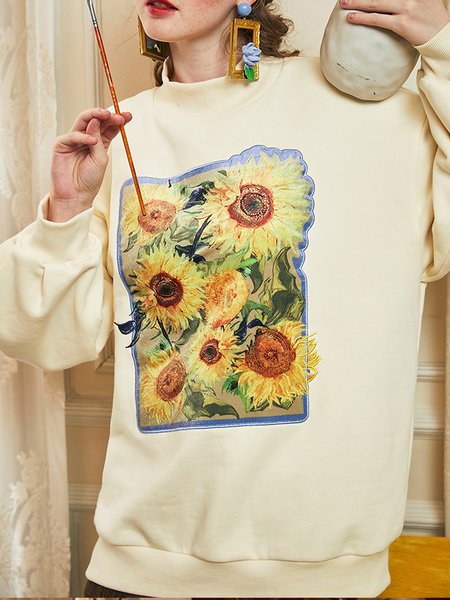 

Loosen High Neck Casual Long Sleeve T-shirt, Apricot, Long sleeve tops