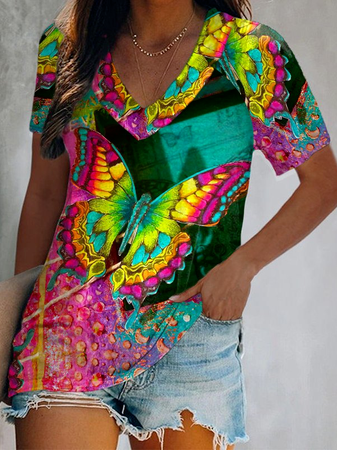 

Butterfly, Color Block Vacation V neck & Tops, Multicolor, T-Shirts