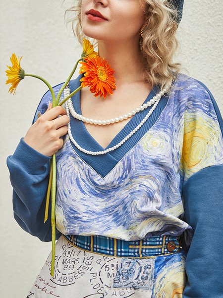 

V Neck Loosen Abstract Printed Long sleeve tops, Blue, Long sleeve tops
