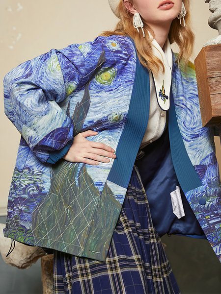 

vintage Collarless Abstract loosen Casual Jacket, Blue, Jackets