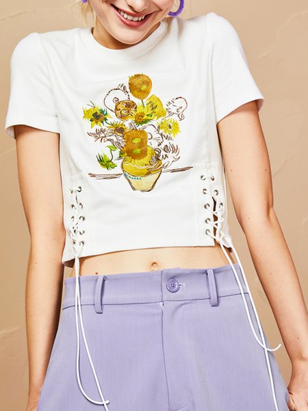 

Floral Slim Fit Crew Neck Short sleeve tops, White, T-Shirts