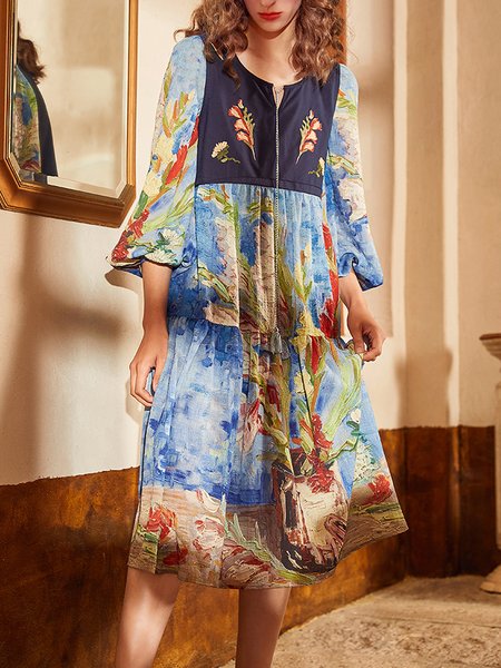 

vintage Notched Casual abstract Floral Long sleeve Woven Dress, Blue, Dresses