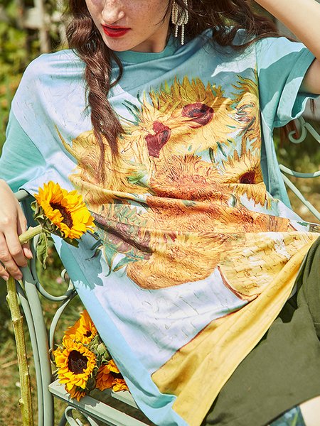 

Crew Neck Casual Floral Short Sleeve T-shirt, Blue, T-Shirts