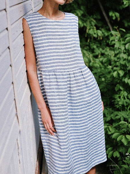 

Loose high-rise striped sleeveless linen dress, Navy blue, Midi Dresses