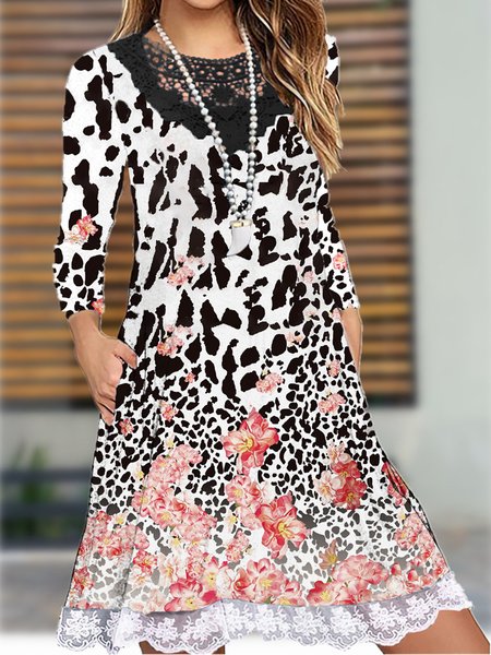 

Boho Ombre Floral Leopard Cotton Blends V Neck Loosen Tunic Midi Dresses, Flower, Mini Dresses