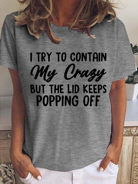 

Funny text print round neck short sleeve T-shirt, Gray, T-shirts