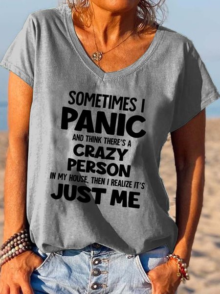 

Funny text print v-neck short sleeve T-shirt, Gray, T-shirts