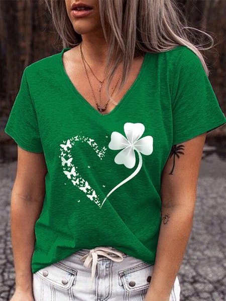 

St. Patrick's Day Butterfly Heart Clover Print Short Sleeve V Neck T-Shirt, Green, T-Shirts