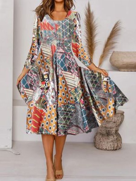 

Loosen Casual Crew Neck Grid Dresses, Multicolor, Casual Dresses