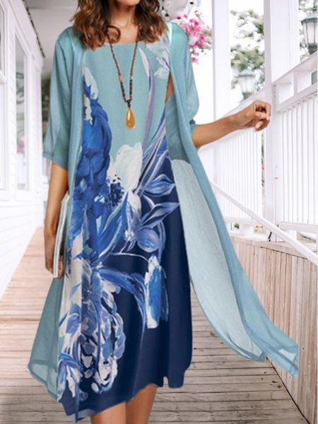 

Floral Crew Neck Color Block Two-Piece Dress Set, Multicolor, Suit Set