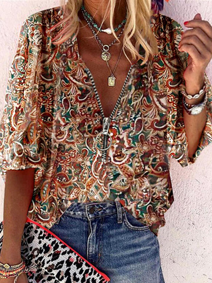 Casual Cotton Blends Paisley Short sleeve Top