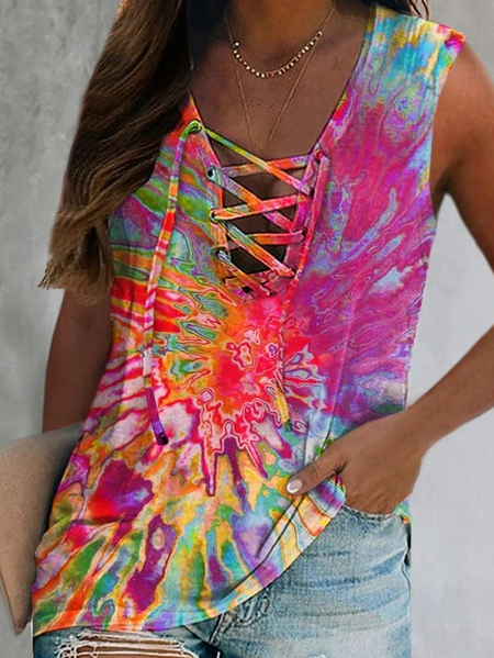 

Casual Lace-Up Ombre Loosen Knit Tank, Multicolor, Tanks & Camis