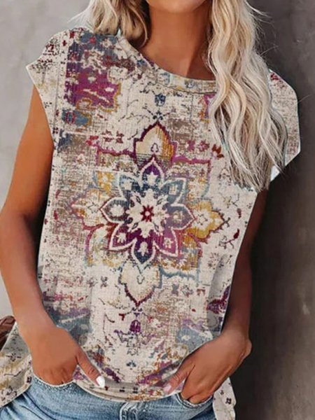

Tribal Casual Cotton Blends Short Sleeve Tops, Multicolor, T-Shirts