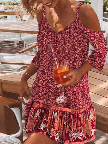 

V Neck Boho Short Sleeve Woven Dress, Red, Mini Dresses