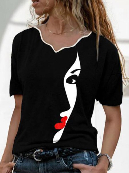 

Abstract Ruffle Collar Short Sleeve Tops, Black, T-Shirts