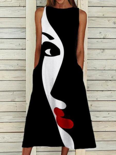 

Vintage Abstract Regular Fit Sleeveless Woven Dress, Black, Maxi Dresses