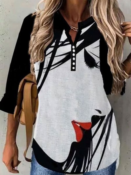 

Abstract Stand Collar Long sleeve tops, Black, Tops