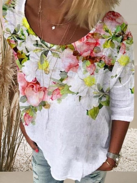 

Loosen Crew Neck floral Vacation short sleeve women Vests, White, Tops