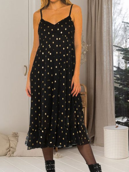 

Regular Fit Vacation Geometric polka dots sleeveless Short sleeve Women Dress, Black-white, Mini Dresses