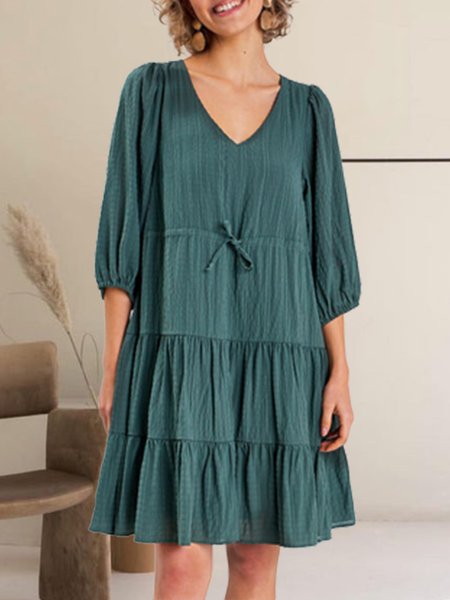 

casual loosen V Neck Loosen Plain women Long sleeve Woven Dress, Darkgreen, Dresses