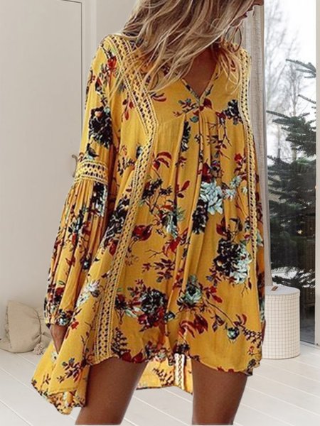 

Vacation Floral V Neck Long sleeve Woven Dress, Multicolor, Floral Dresses