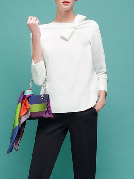

Simple Long Sleeve Solid Tie Neck Regular Fit Top, White, Tops