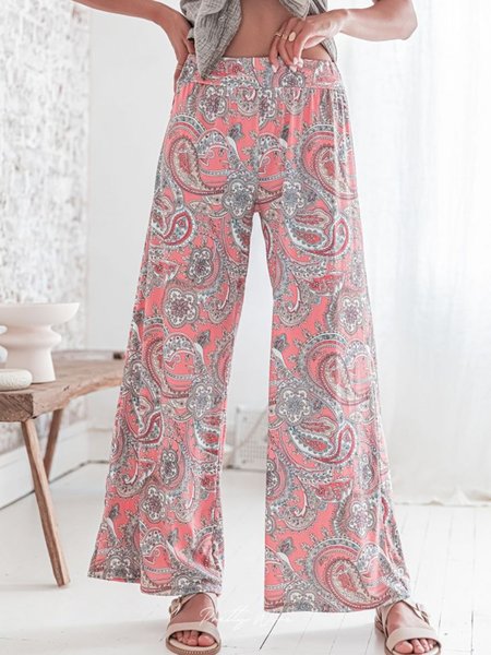

Casual Resort Pink Floral Loose High Waist Pants, Pants